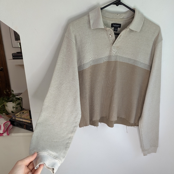 Early 2000s Grunge Cropped Polo Neck Color Blocked Beige Sweater - Picture 3 of 8